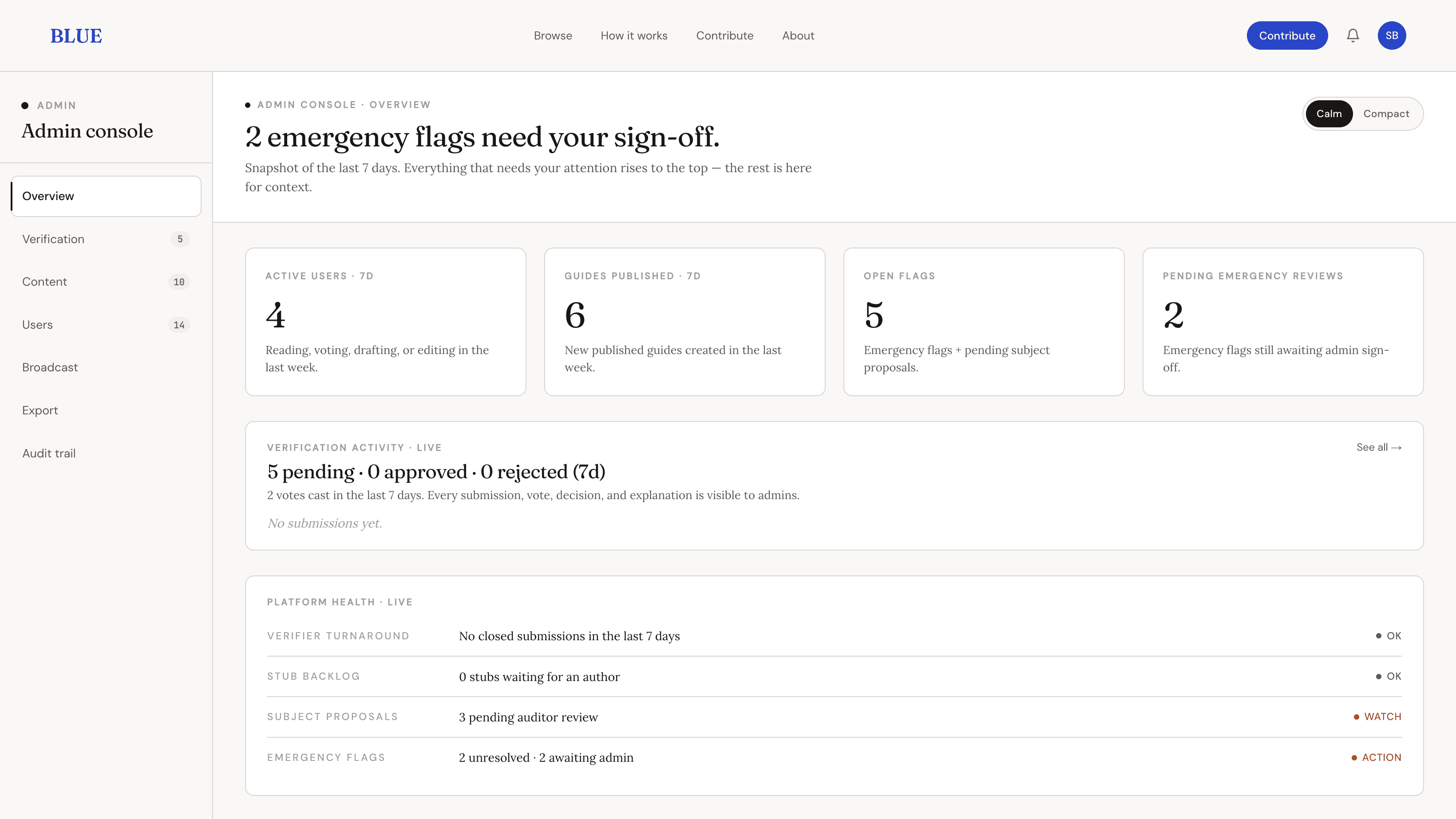 BlueSystem's admin console, showing counts of active users, published guides and open flags above a live platform-health list