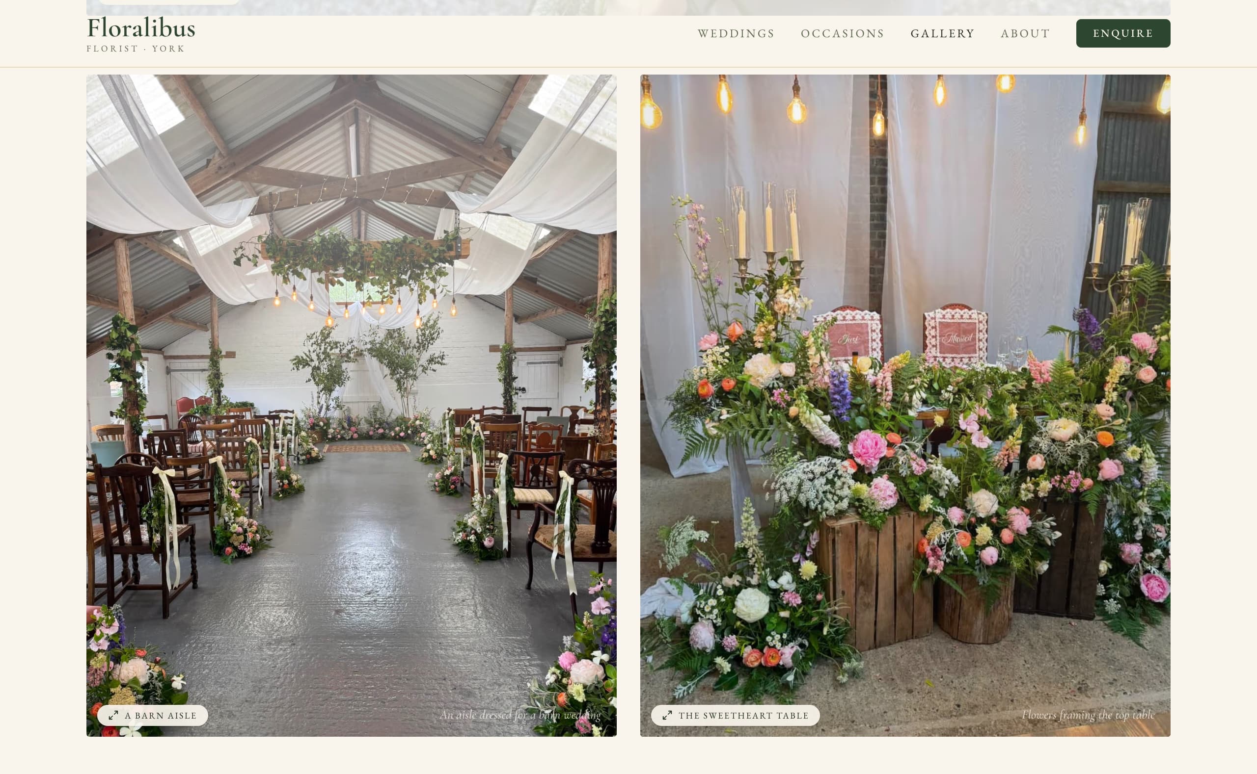 Two Floralibus wedding installations: a barn aisle dressed with foliage and hanging lights, and a sweetheart table banked with roses and candles