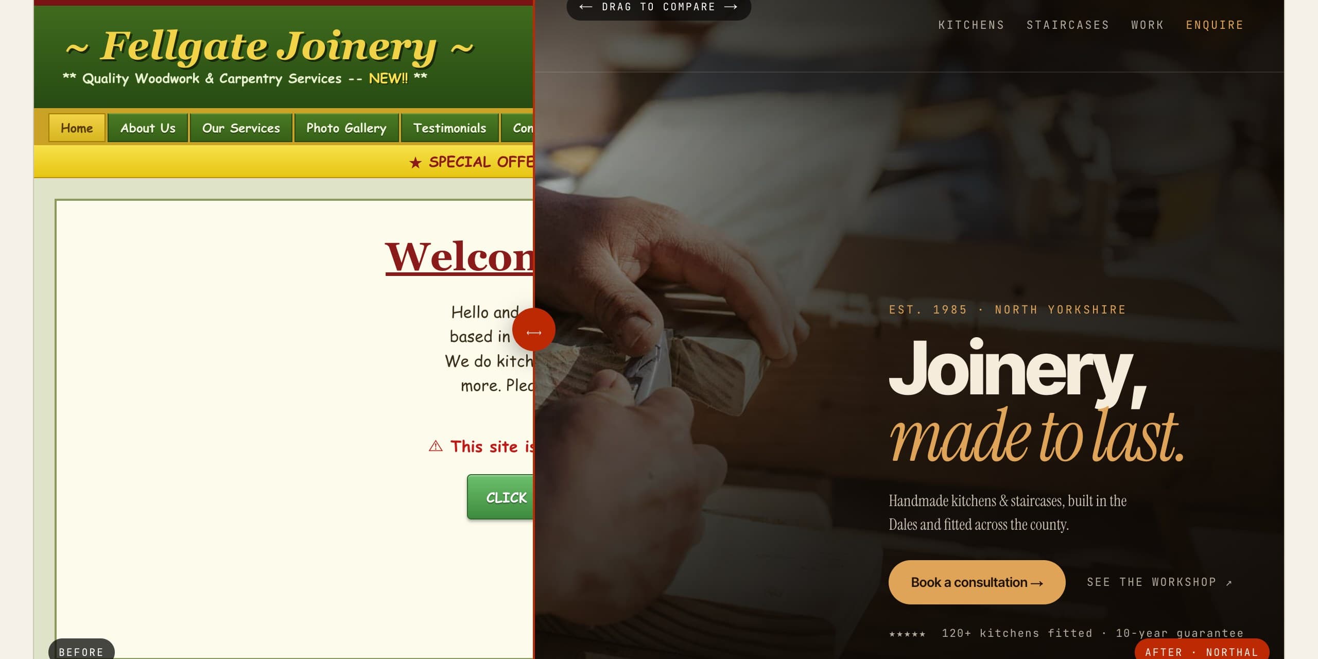The homepage teardown mid-comparison: a period 2000s joinery site on the left, the rebuilt one on the right with its headline, booking call to action and guarantee